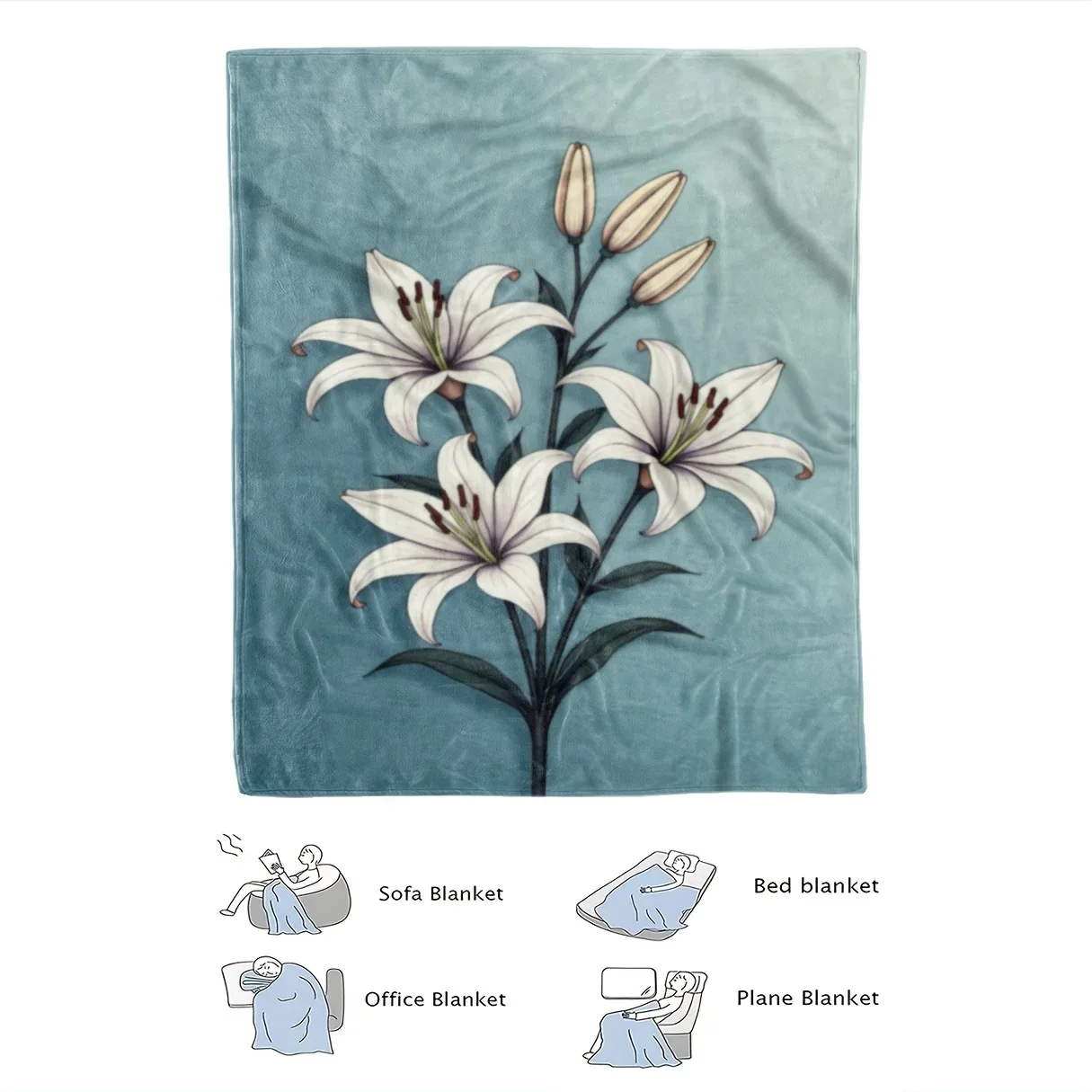 1PC Soft Turquoise Lily Floral  Blanket  Plush Bedspread with White Lilies & Green Foliage, Machine Washable