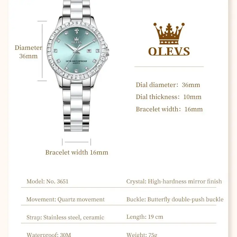 OLEVS 3651 レディース腕時計 ダイヤモンドベゼル クラシックセラミック 防水腕時計 高級ファッション シンプル レディースクォーツ腕時計 女性用腕時計