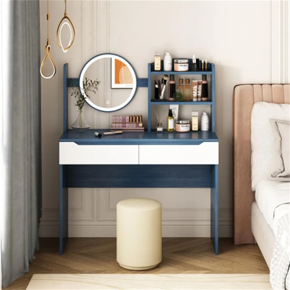 طاولة زينة خشبية، طاولة مع مرآة مكياج عالية الوضوح، درجين، أثاث غرفة نوم، غرفة نوم شقة، أزرق