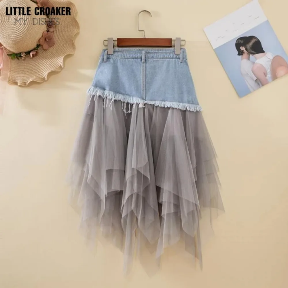 Asymmetrical Denim Jeans Tulle Skirts Womens High Waist Long Mesh Tutu Tassel Pleated Midi Gothic Skirt with Pockets Belt Black