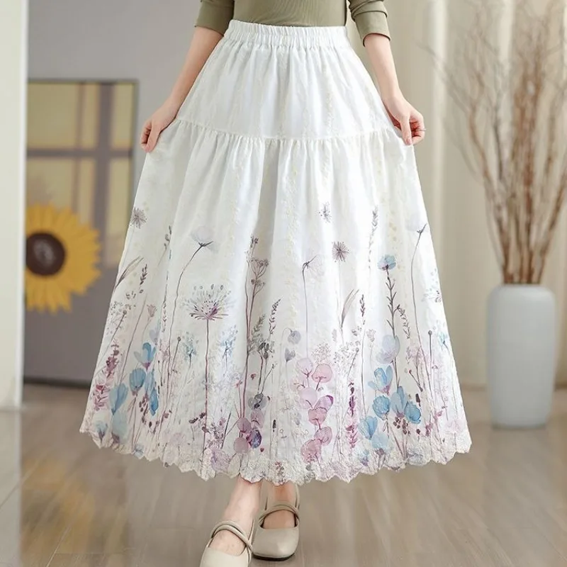 

Длинные юбки с цветочной вышивкой, А-силуэт, корейская мода, винтажная женская юбка, весна-лето, элегантная, милая, Faldas Mujer