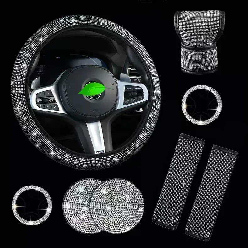 Full Drill Car Steering Wheel Cover Airbag Cover Cup Mat One Touch Start Button Automobile Safety Belt Accessories Shoulder Prot