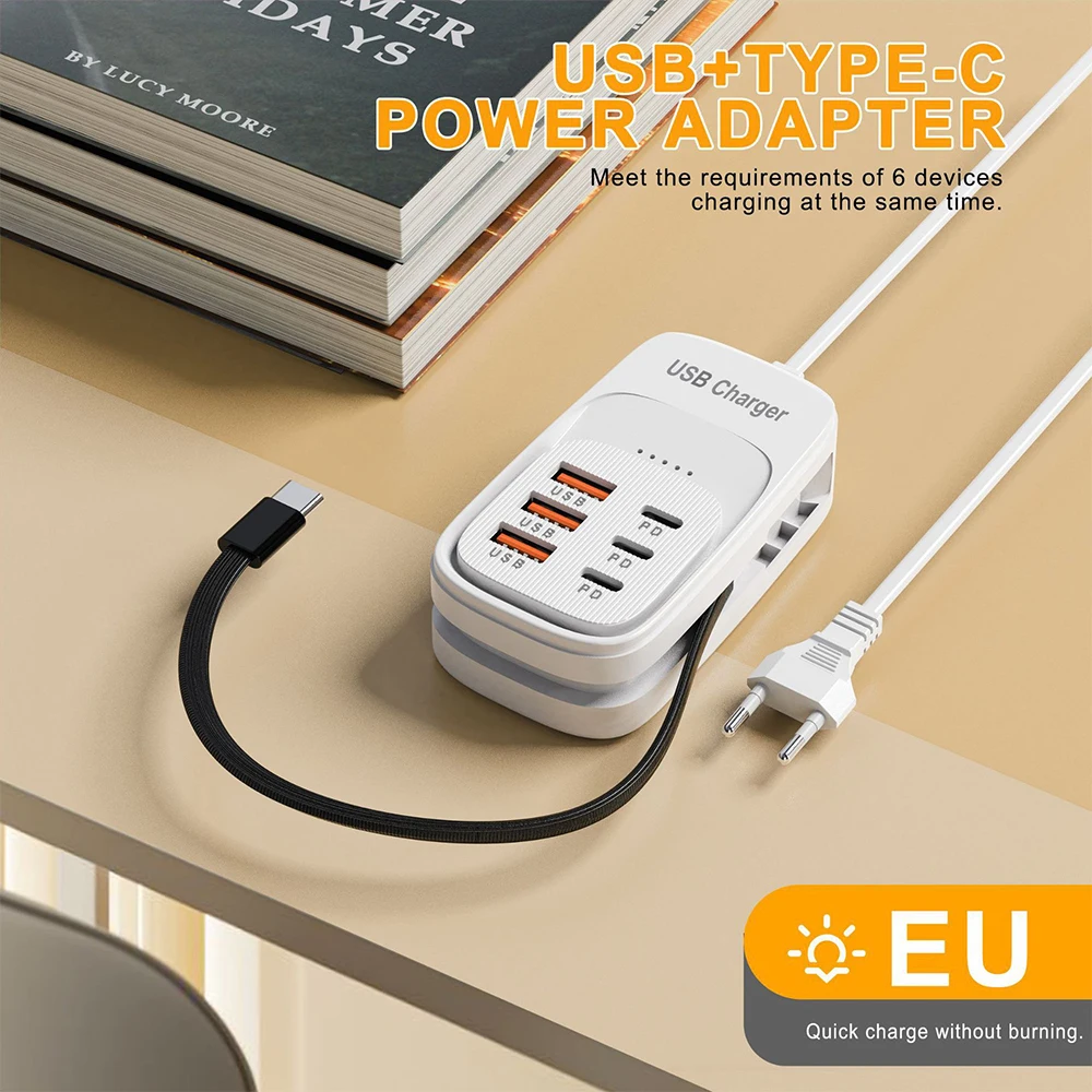 Snelle USB-lader 6-in-1 stekkerdoos bureau-oplaadstation snellaadkabel EU/UK/US stekker USB-hub adapter stopcontact 3PD 3USB