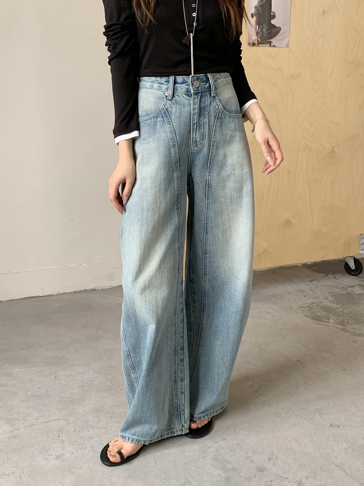 

Весенние новые джинсы в стиле ретро с широкими штанинами и высокой талией, женские модные утягивающие брюки-кюлоты из хлопкового денима