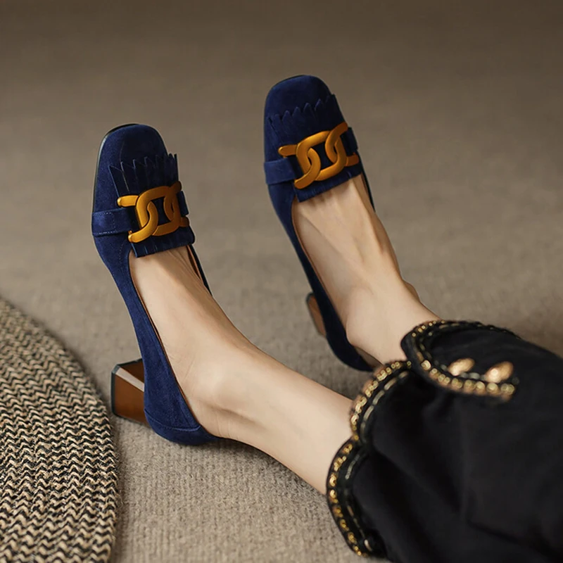 Retro Summer Chunky Heel Back Empty Sandals Women Tassel Velvet Pumps Office Lady Comfortable Solid Color Banquet Sandalias
