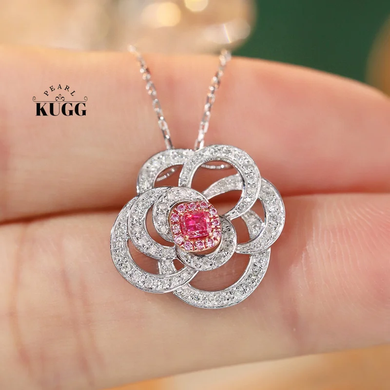 KUGG 100% 18K White Gold Necklace Luxury Rose Shape Real Natural Pink Diamond Pendant Necklace for Women High Wedding Jewelry