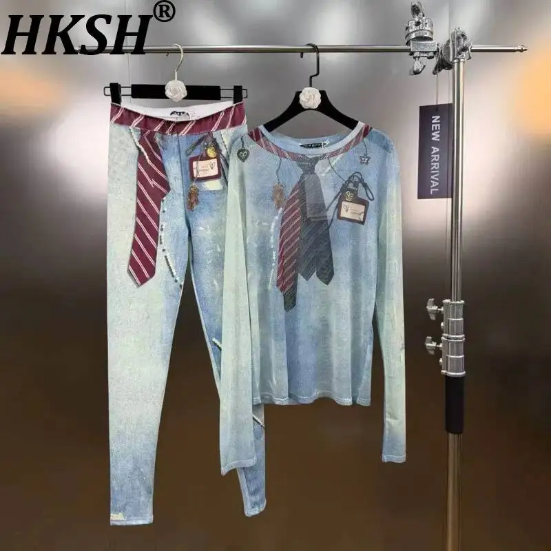 

Женский повседневный комплект HKSH: тонкая футболка с круглым вырезом и длинными рукавами с принтом, универсальные брюки в стиле Y2K хип-хоп, весна-лето 2026 HK22748