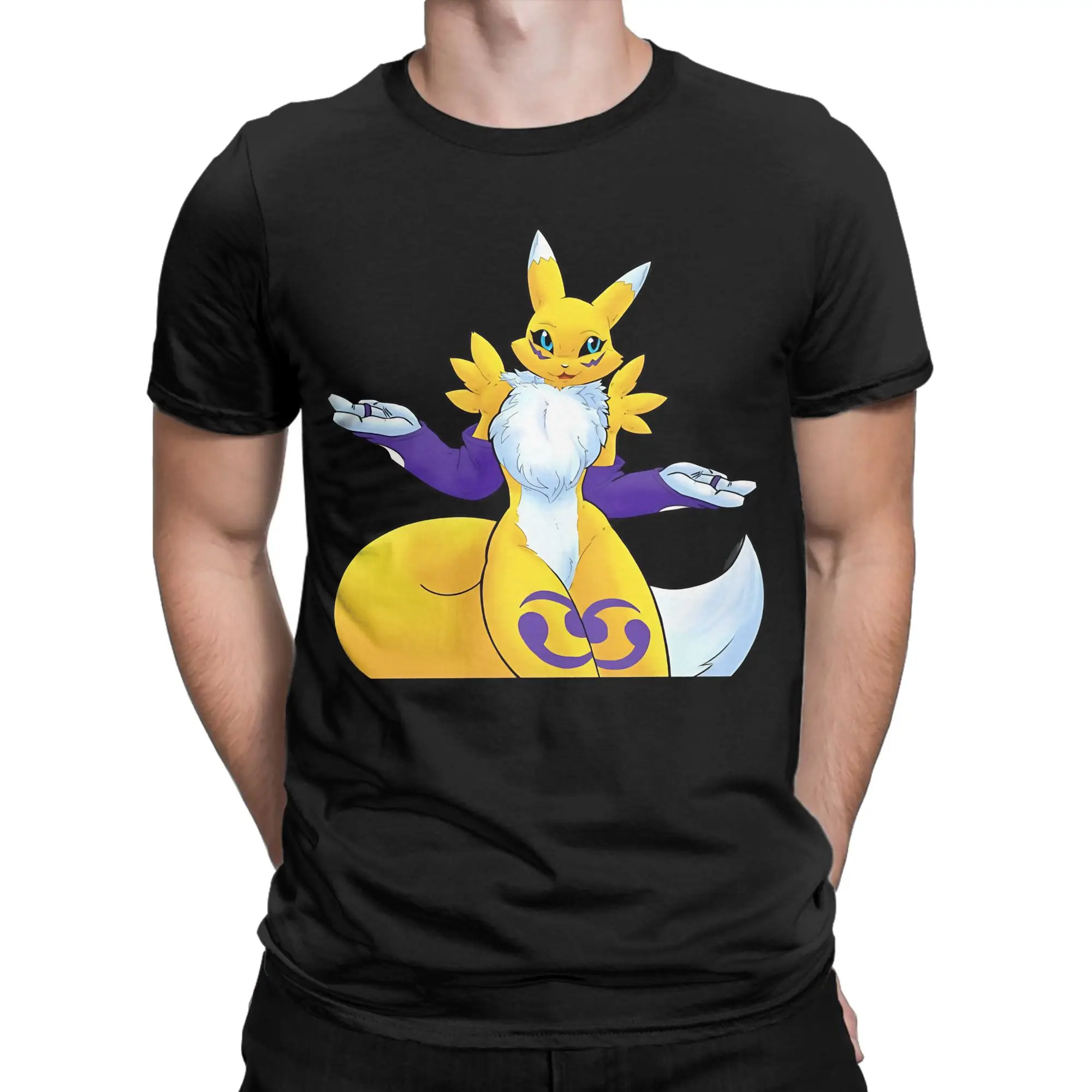 Streetwear T-Shirt Renamon Classic Pose Pure Cotton T Shirts Novelty Tee Shirt for Men Beach Y2K Casual Short Sleeve Tees