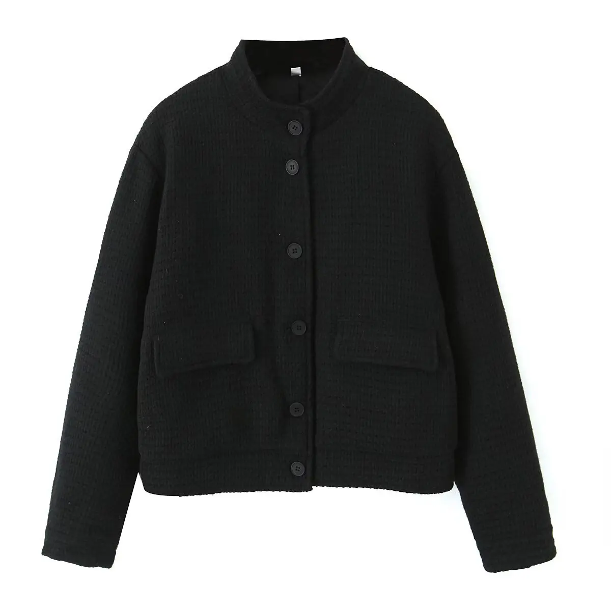 

ZBZA Woman's Loose Cropped Bomber Coat Stand Collar Single Breasted Long Sleeves Texture Jacket Simple Versatile Autumn New Top