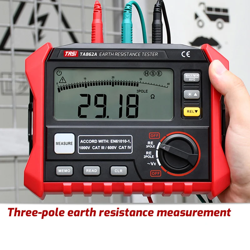 TASI TA862A Digital Ground Resistance Tester 0.01Ω-4000Ω Earth Resistance Meter 2/3 Pole Method Backlight  Groups Data Storage