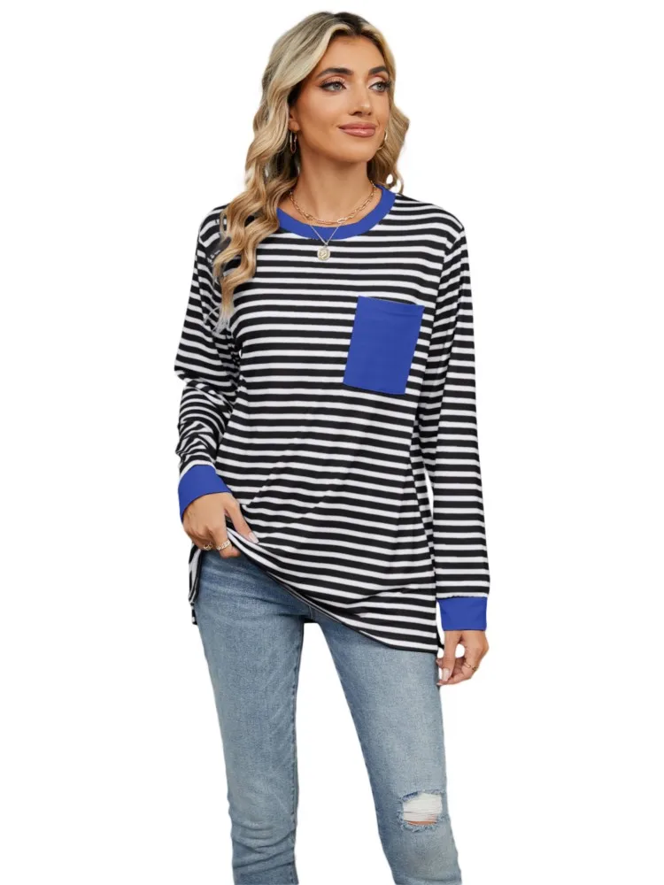 

2024 T Shirts Spring New Striped Printed Vintage Casual Loose Pocket Daily Commuting Tee Long Sleeve O-neck Women's Pullover Top