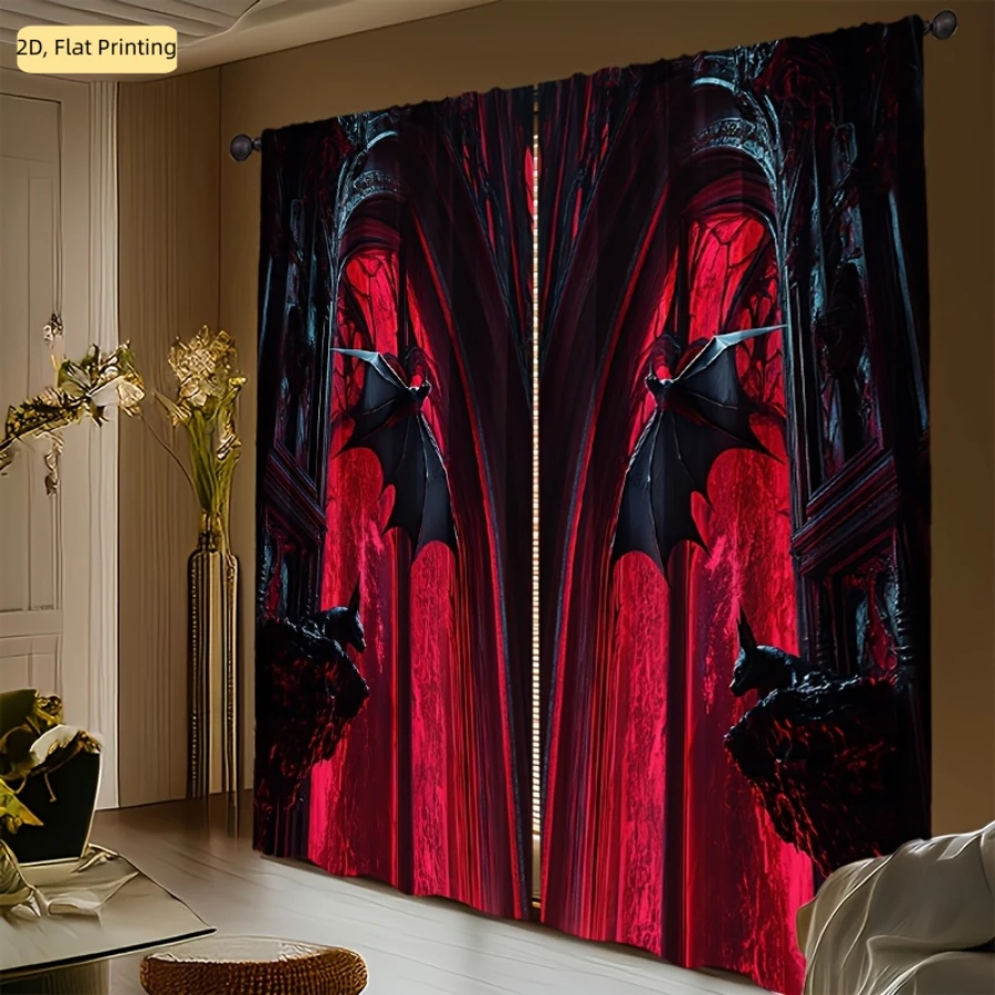 2PCS Digital Printed Curtains, Red Gothic Cathedral Arches Bats Gargoyles, Dark Medieval Vampire Castle Window Decor Room