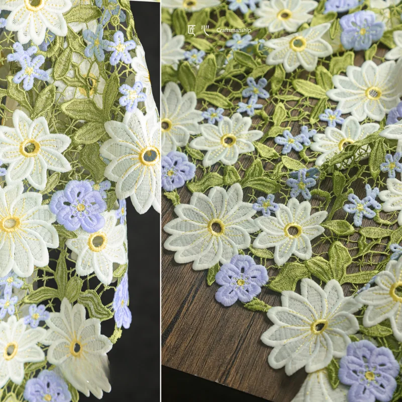 Green Flower Heavy Industry Embroidery Fabric Hollow Water soluble Flower Hand woven Dress Tablecloth Clothing Designer Fabric