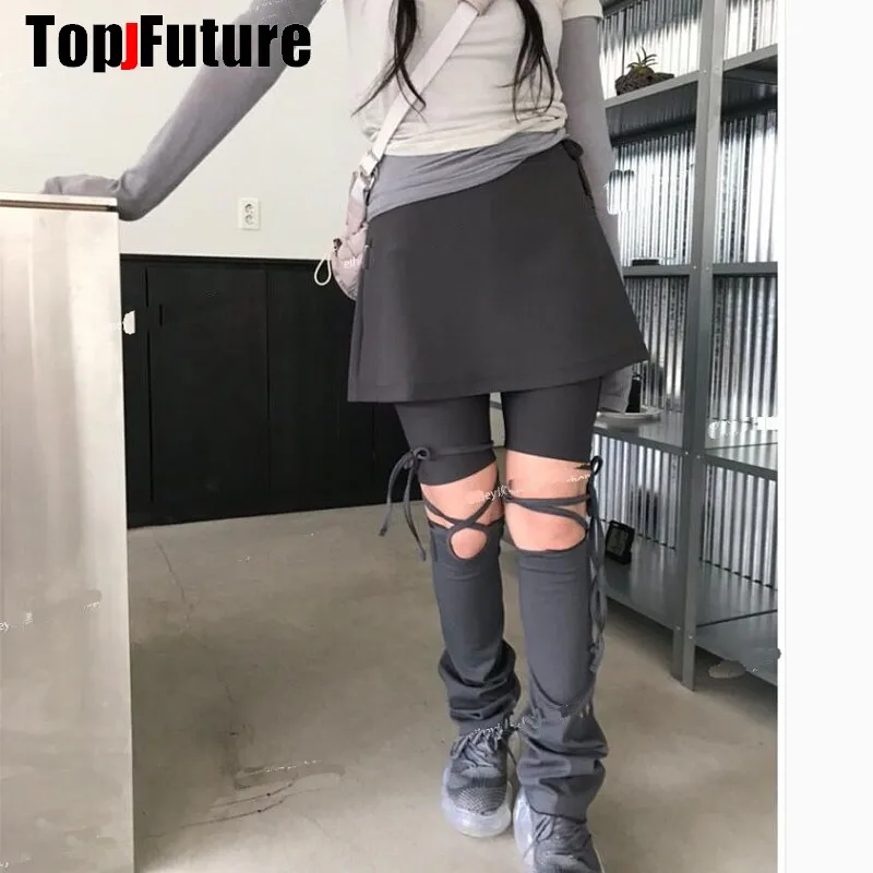 Y2K Girl Harajuku Fake Two Piece Casual Trousers Japanese Women Pant Skirt Retro Solid Color Pants Gothic Lolita Leg Warmers Set
