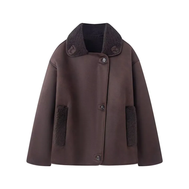 

HipSeam Women Faux Fur Jacket Casual Spring Double sided Wearable Button Pocket Lady Coat Warm Outerwear Female Loose Chic Tops