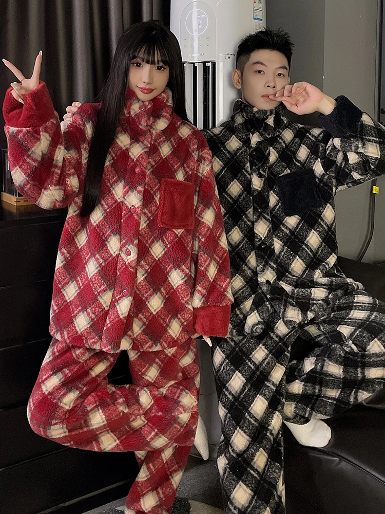 DAIMELU بيجامات رجالي بأكمام طويلة ملابس نوم شتوية من الصوف المرجاني سميكة مخملية للأولاد في سن المراهقة طقم ملابس نوم شتوية مقاس كبير