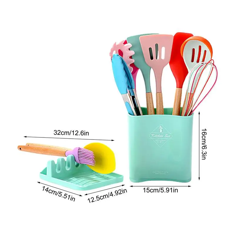 Silicone Kitchen Utensils Set Non-Stick Cooking Utensils Kit 12X Wooden Handle Kitchen Cooking Tool Includes Pot Spatula Soup