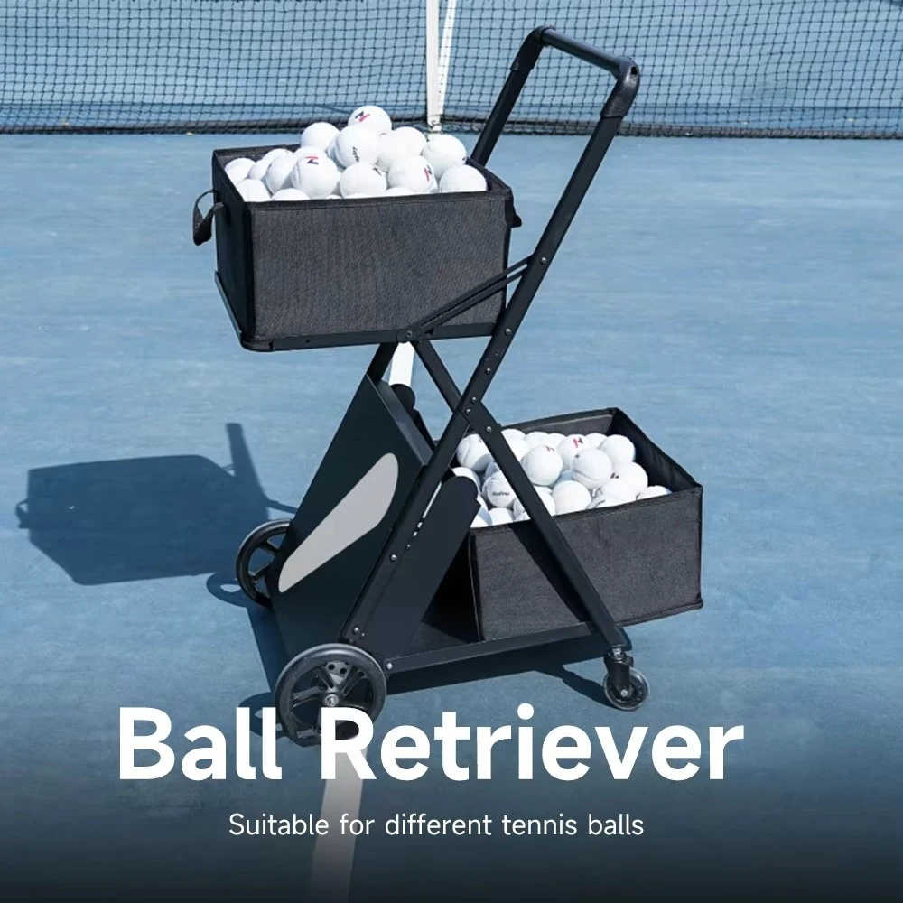 Portable Tennis Ball Cart Aluminum Alloy Oxford Cloth Cart Foldable Coach Cart for Court Portable Multi-ball Basket Ball Caddy