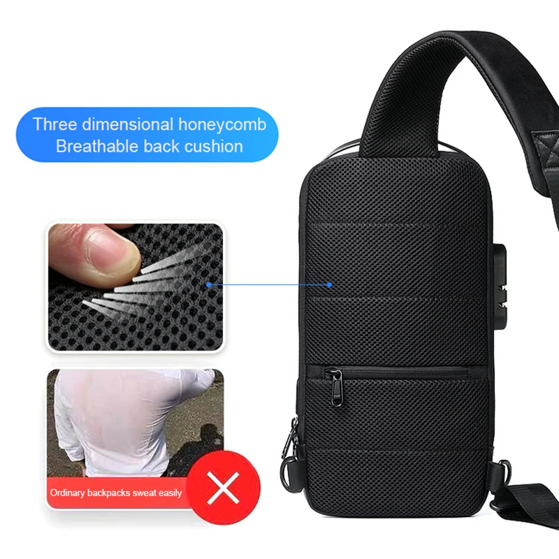 Men\'s Anti-theft Crossbody Bag With Password Lock & USB Charging System Waterproof Oxford Cloth Sports Chest Bag Single Shoulder