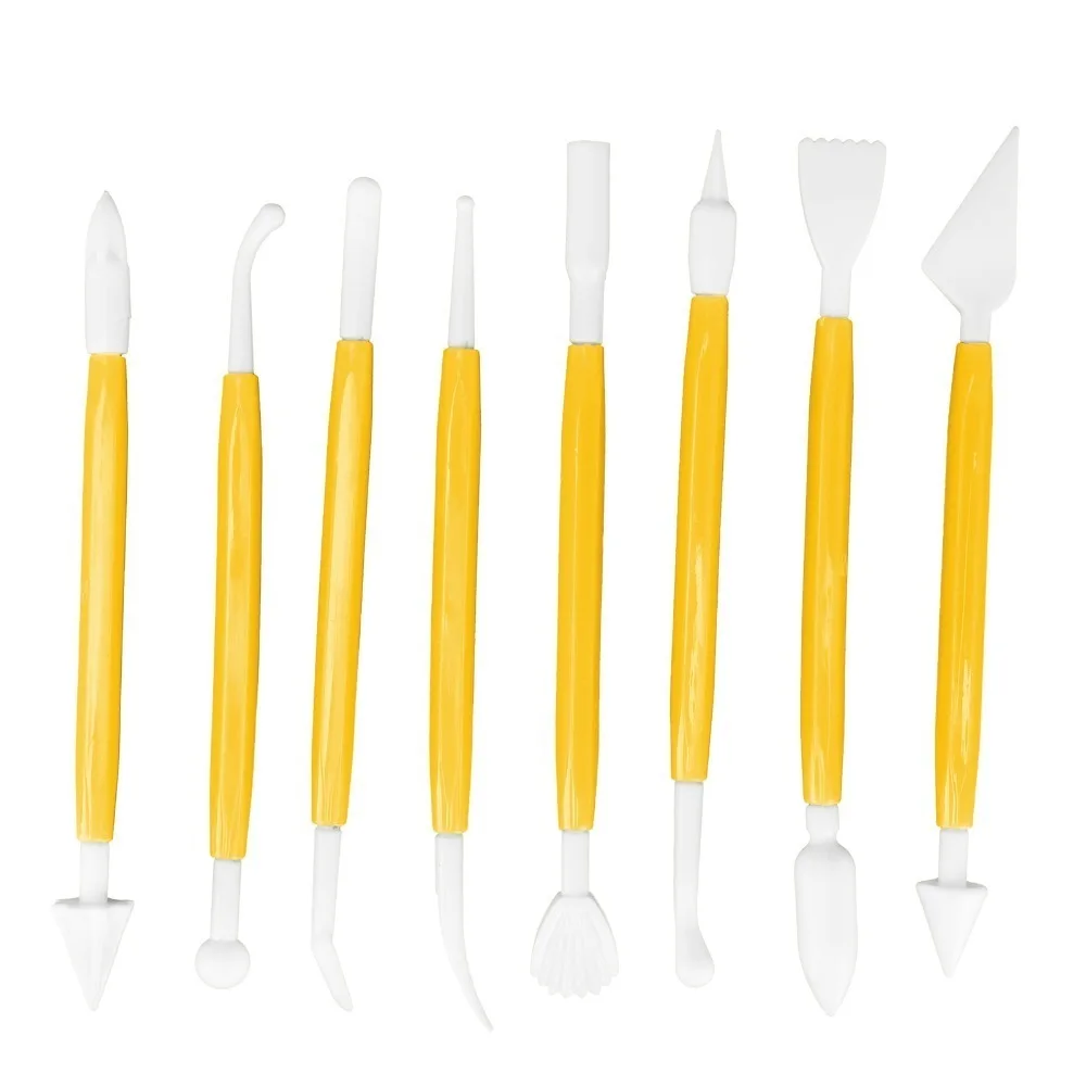 PP Cake Fondant Tool Set Double Ended 8Pcs Fondant Decorating Tool Set Rose Red Engraving Modeling Cake Decorating Tools Kit