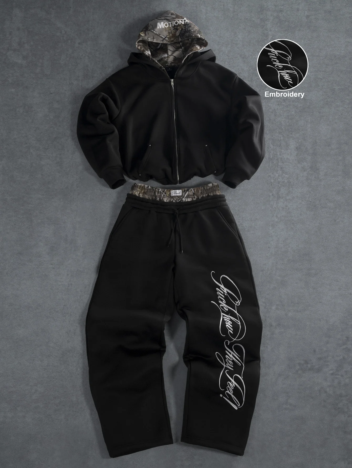 Men's 2 Piece Hoodie Tracksuit Camo Double Waist Straight Leg Pants Embroidered Zip Up Jacket Y2K Streetwear Casual Set