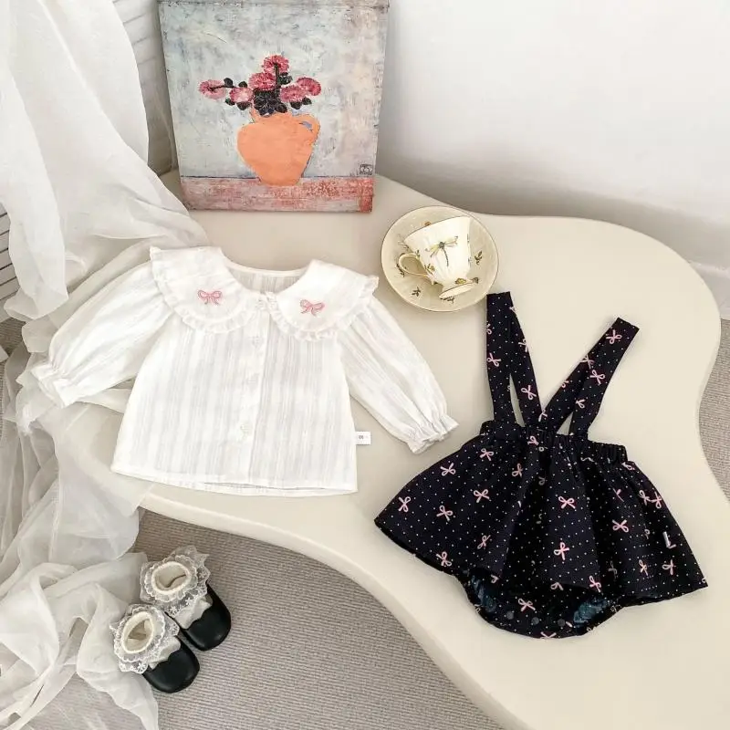 MiniAinis Spring New Baby Girl Bowknot Long Sleeve Doll Shirt Wrapped In Fart Pants Suit Girls White Tops Black Straps Skirts