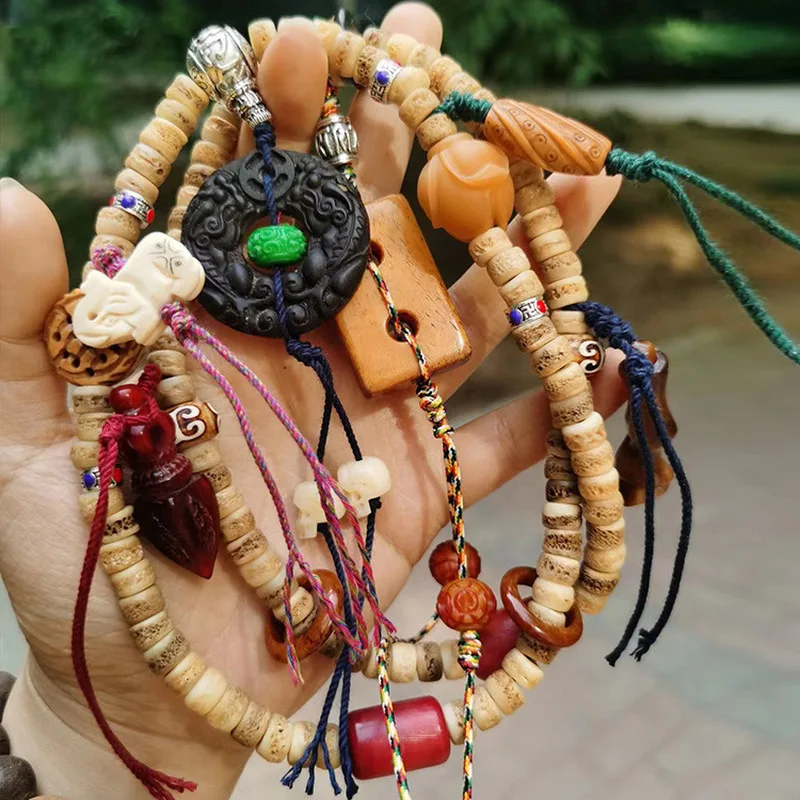 Natural color 108 beads 10*8mm barrel beads, camel bone skull vajra pendant, running ring, three-way connector bracelet