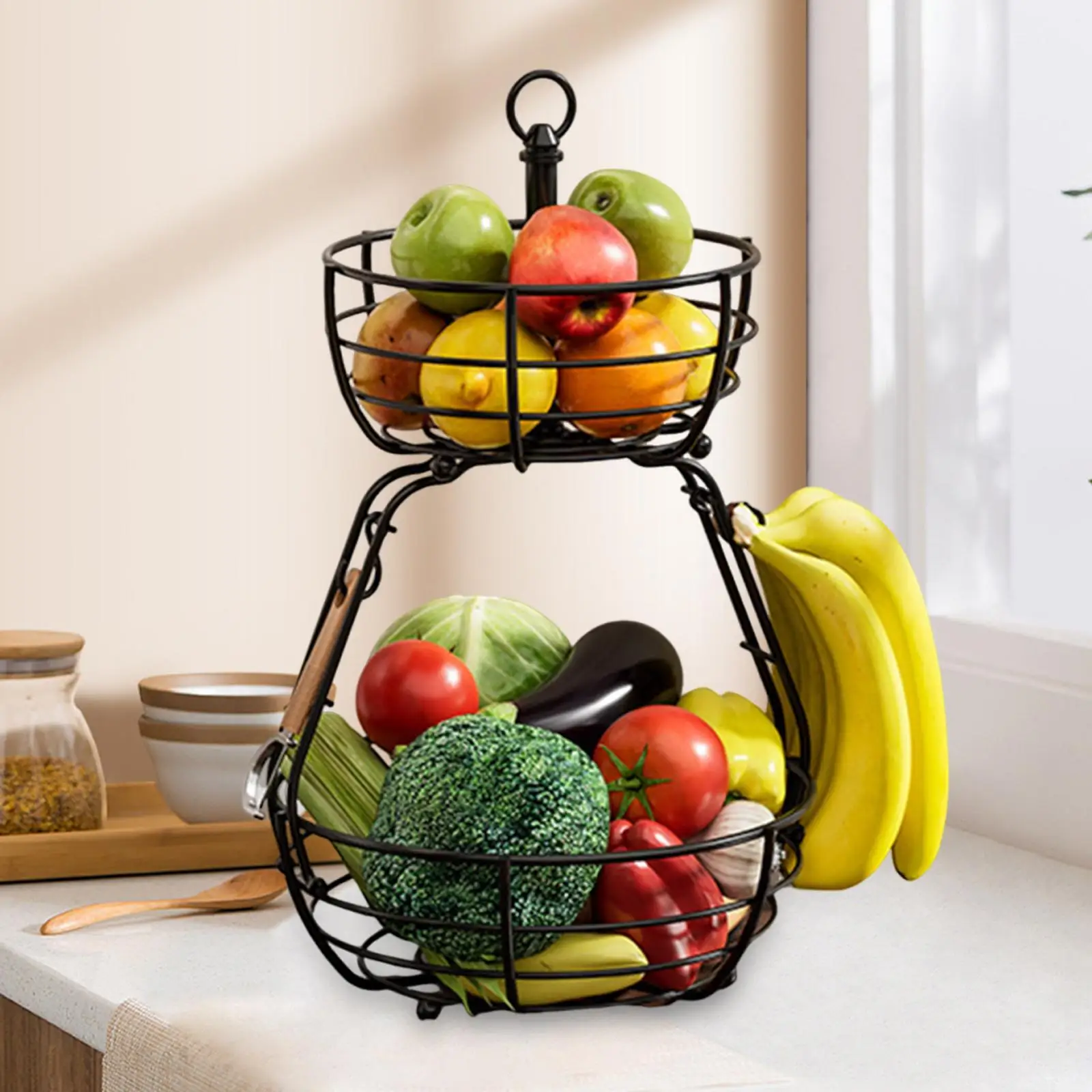 

2 Tier Fruit Basket Bowl Fruit Vegetable Storage Basket Practical for Kitchen Countertop Detachable Server Metal Organizer