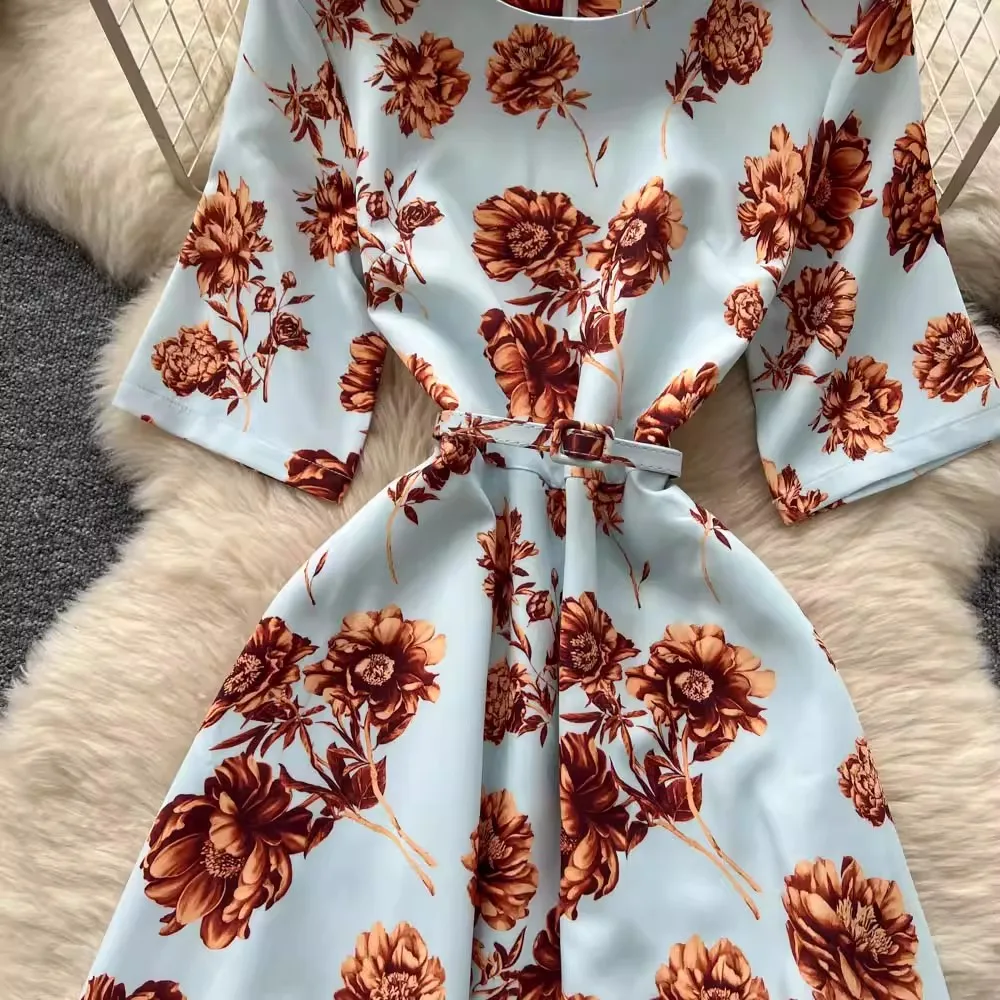 Damska codzienna sukienka w kwiaty w stylu boho na imprezę, elegancka letnia sukienka z krótkim rękawem, sznurowana w talii, długa sukienka, elegancka koszulowa sukienka damska.