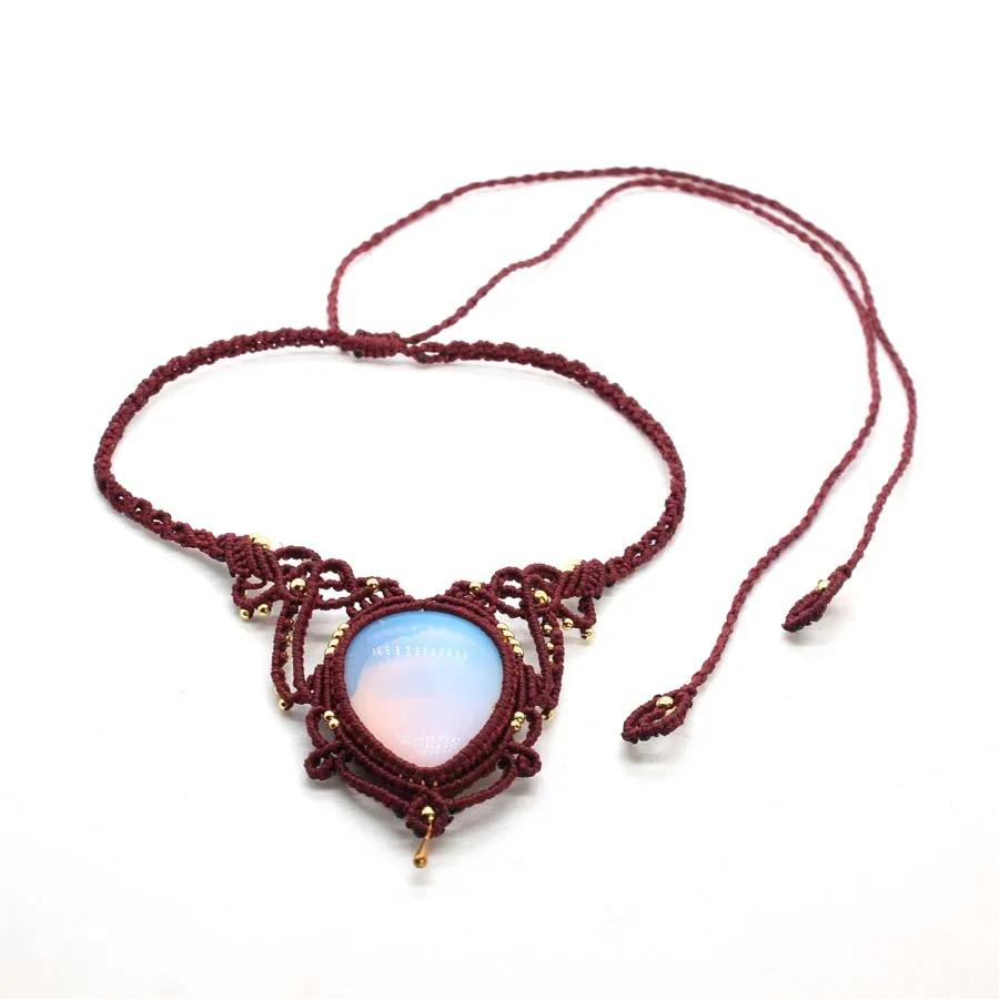 Handmade Rope Braided Macrame Crystal Stone Pendant Necklace For Women Water Drop Opal Stone Weave Adjustable Necklace Jewellery
