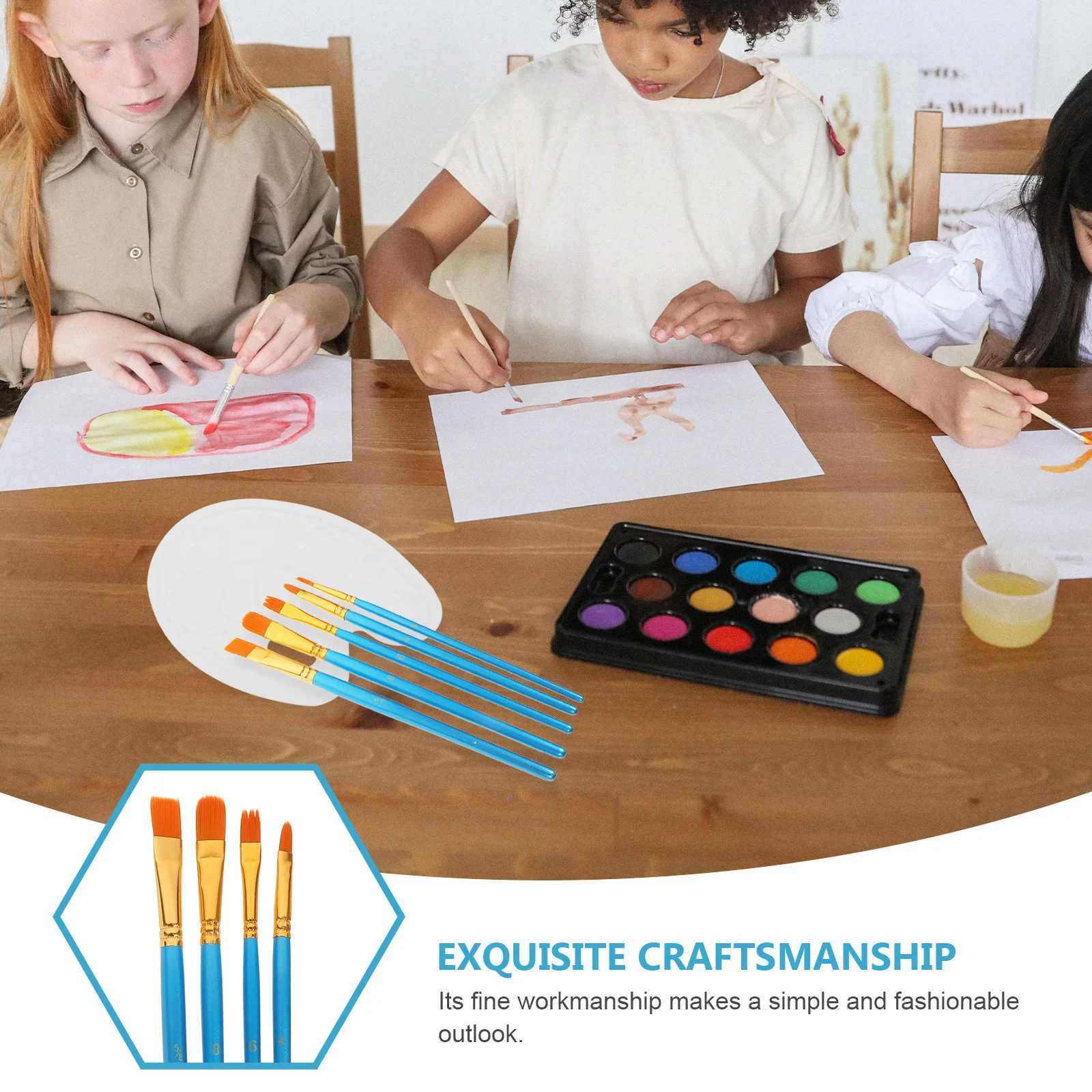 

1 Set Of Painting Brush Tools Kids Adults, Stainless Steel Abs Nylon Bristles, Flat Tip Pointed Design, Color Mixing Plates,