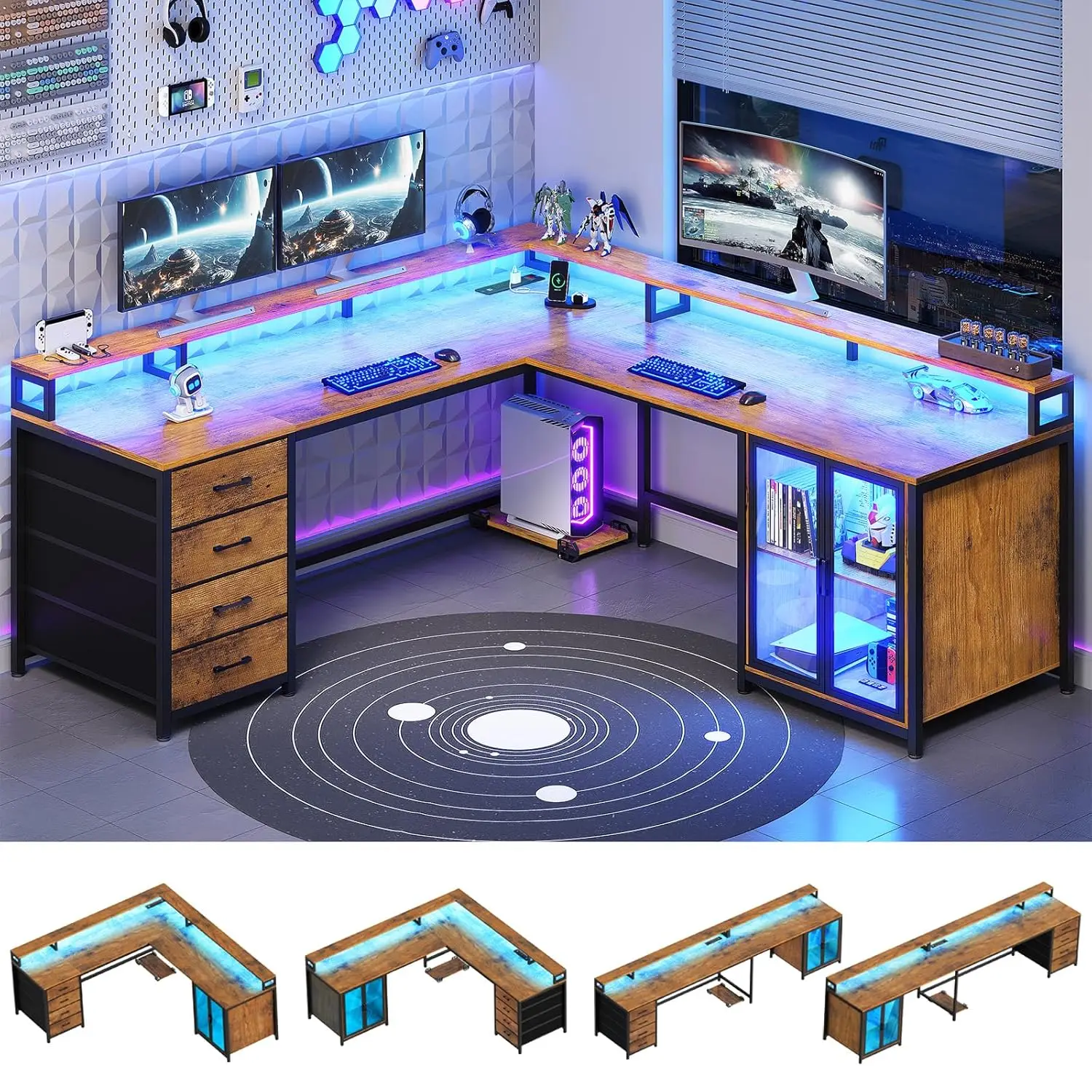 

Игровой L-образный стол 109 дюймов с 4 ящиками, витриной, 2 подставками для мониторов, подставкой для системного блока, LED-подсветкой, розеткой, цвет: рустик-коричневый