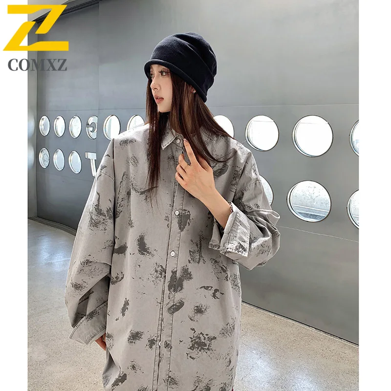 

Boyfriend Style Shirt Women's Casual All-match Tie-dye Design Long Sleeve Blouse 2025 Summer Street Clothing Retro Female Tops