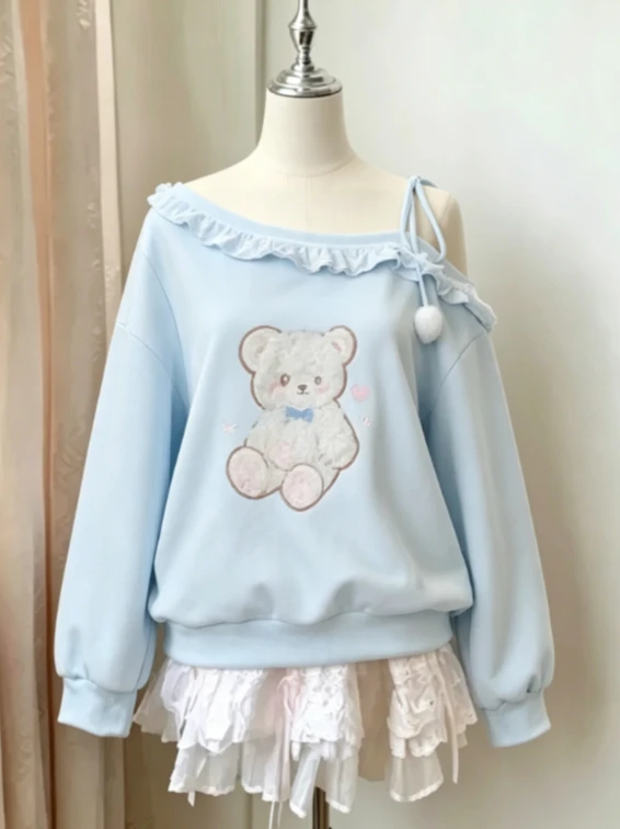 

Japanese Kawaii Cat Sweatshirt Women Off Shoulder Cute Cartoon Y2k Aesthetic Grunge Lace Casual Hooded Pullover Christmas Winter