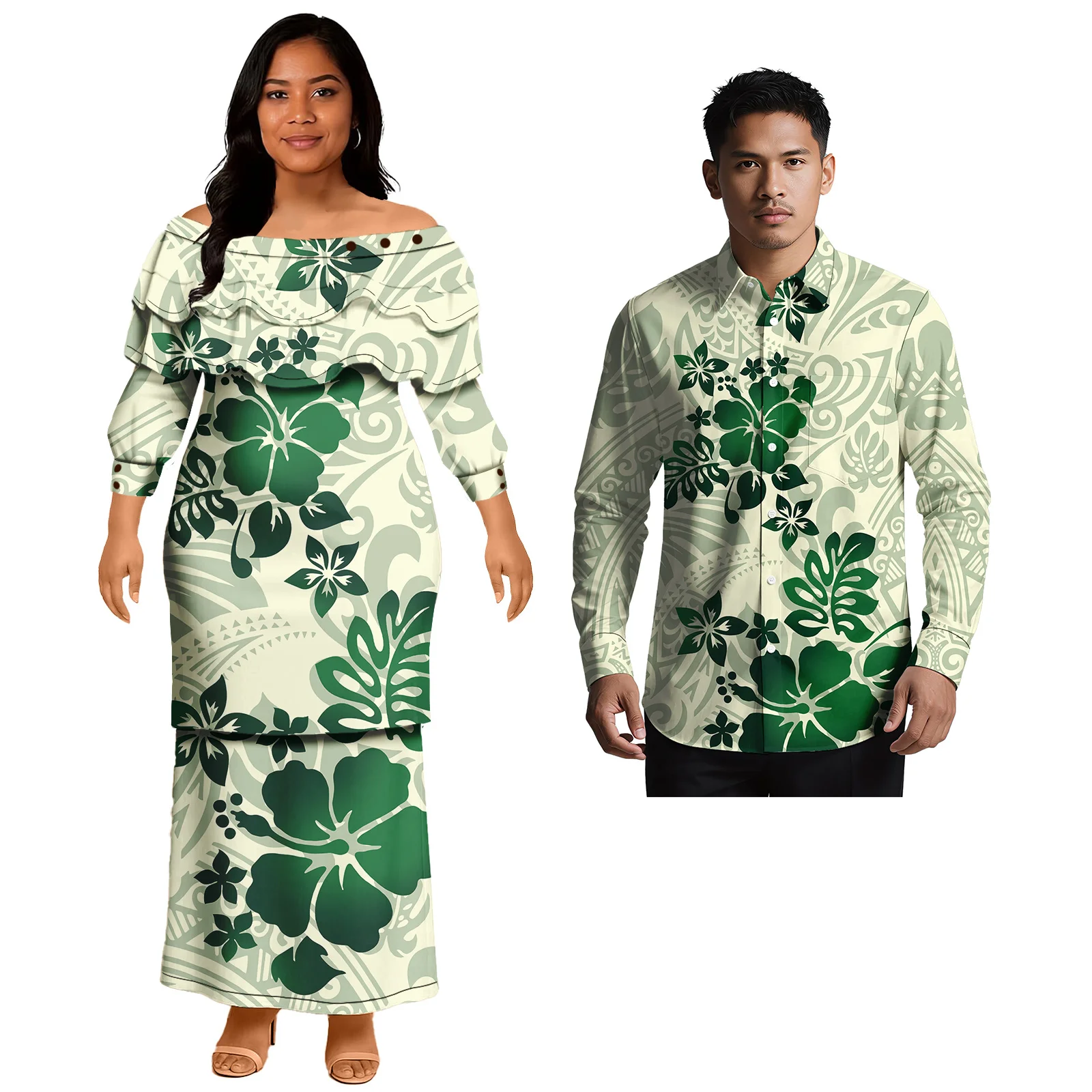 Church Clothes Custom 2 Piece Set for Couple Aloha Casual Beach Design Couple Suit Ladies Long Dress Men Shirt Samoan Polynesian