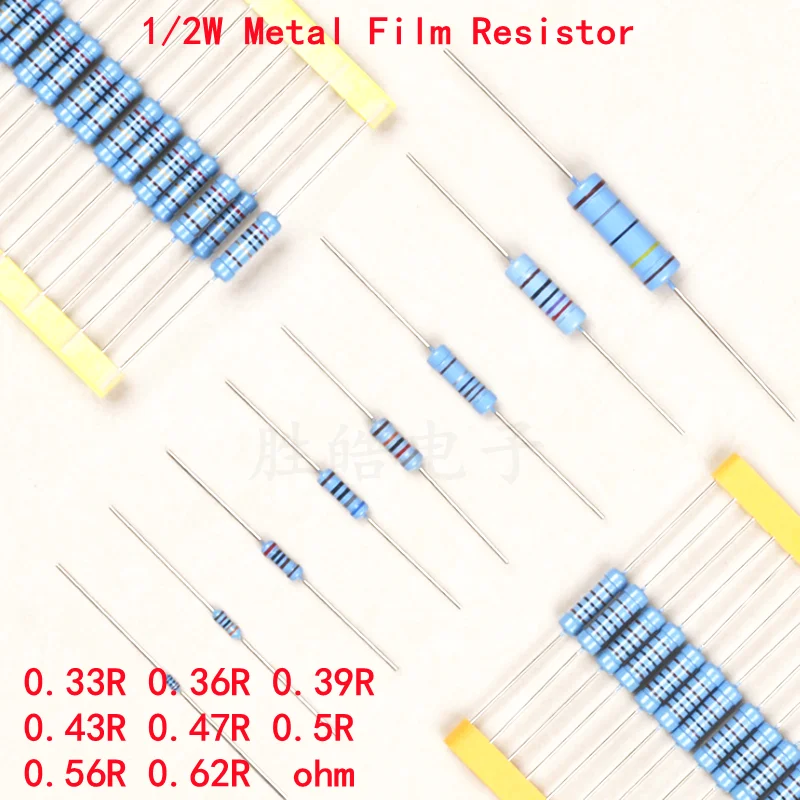 Resistencia de película metálica, pieza precisa de buena calidad, 1%, 0.33R, 0.36R, 0.39R, 0.43R, 0.47R, 0.5R, 0.56R, 0.62R Ohm, 0,33, 0,36, 0,39 Ω, 1/2W, 50 unidades