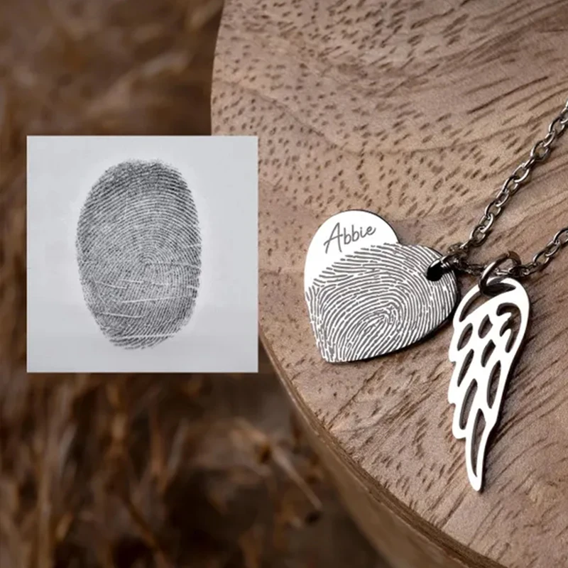 

Actual Fingerprint Necklace With Angel Wing, Memorial Heart Jewelry, Loss Of Father, Mother, Personalized Sympathy Grief Gift