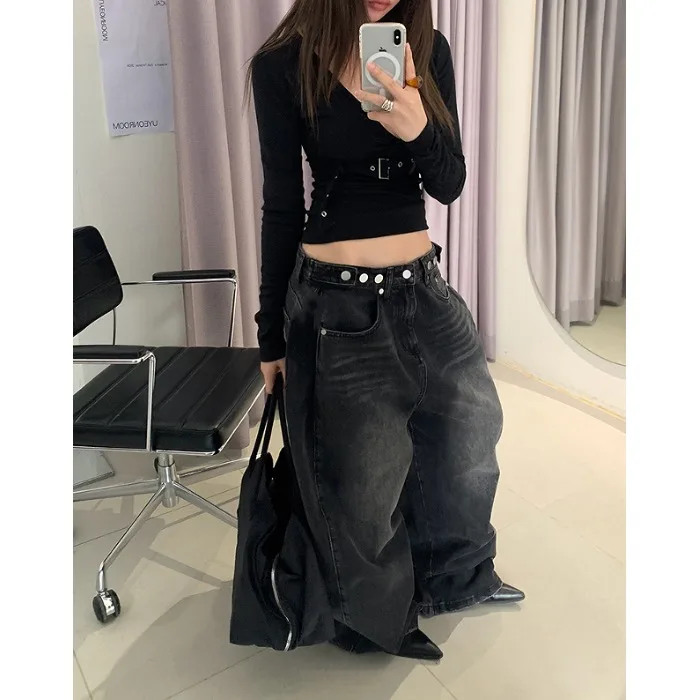 

Adjustable High Waist Loose Women's Jeans Casual Black Series Spring 2026 Fashionable Versatile Cotton Denim Casual Scène