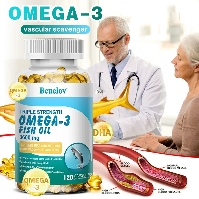 Fish Oil Omega 3 - Triple Strength, Helps Support Eyes, Joints, Heart, Improves Skin Health, Brain Function and Boosts Immunity