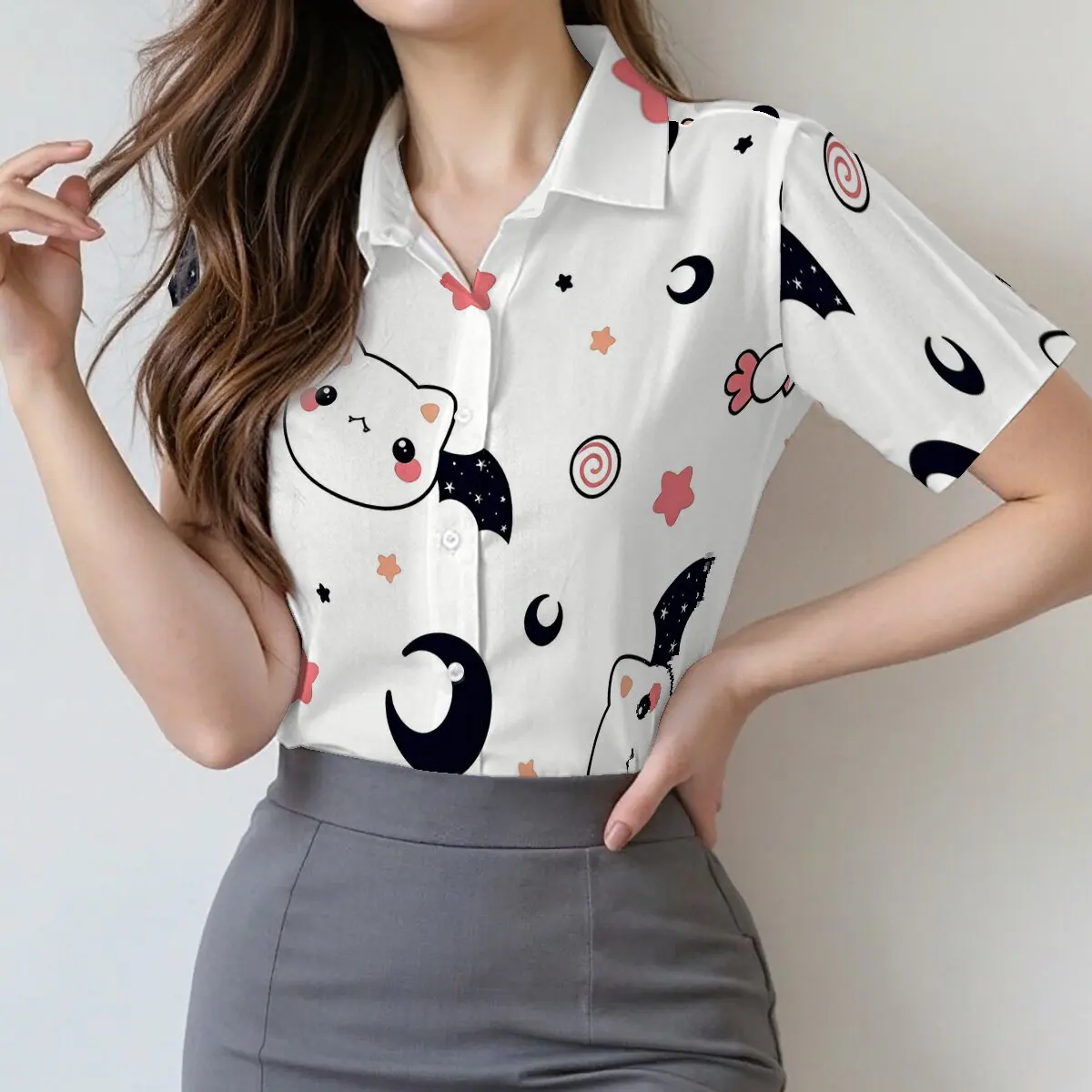 

Simple and personalized cartoon Halloween cat print women's summer collar short sleeved shirt fashionable daily versatile top