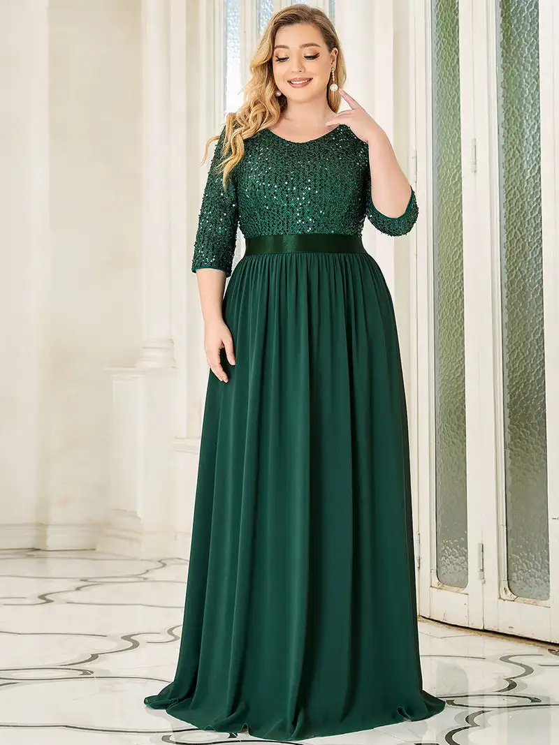 

Plus Size Elegant Women's Dresses Long A-LINE O-Neck half Sleeve Floor-Length Gown 2024 BAZIIINGAAA of Sequine Prom Women Dress