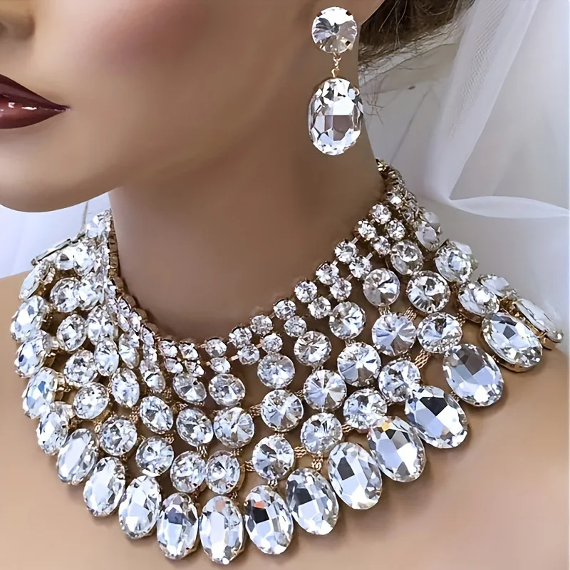 Best Lady 3 Pc Luxurious Exaggerated Style Full of Rhinestone Necklace Earrings Set For Birthday Parties Multiple Color Options