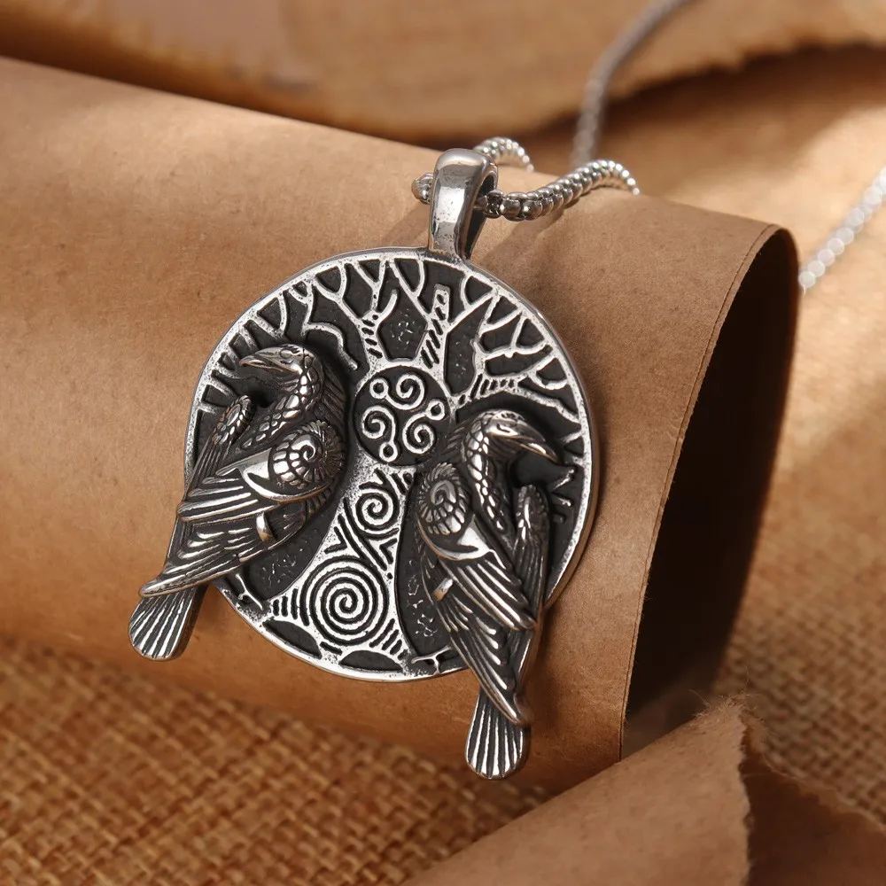 Vintage Tree of Life Odin Crow Pendant Charm Men\'s Necklace Fashion Christmas Valentine\'s Day Gift Protector Jewelry Accessories