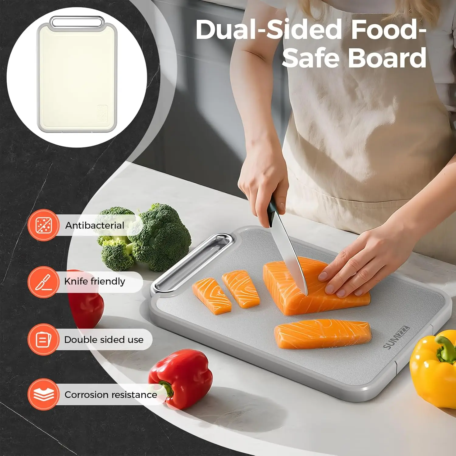 2-in-1 Double-Sided Stainless Steel Chopping Board, Food Grade Silver Set of 2 (S+M) for Kitchen
