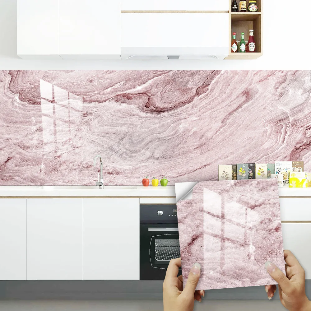 Pink marble Crystal Hard tile Applique Home renovation Kitchen Bathroom decor Self-adhesive oil proof wall applique Home decor