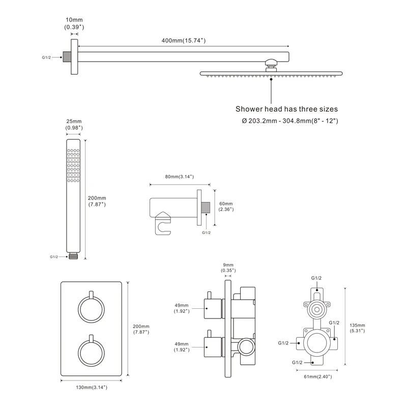 Brushed Gold Thermostaic Shower Faucet Wall Mount Bathroom Mixer Handheld With Diverter and 8-12\