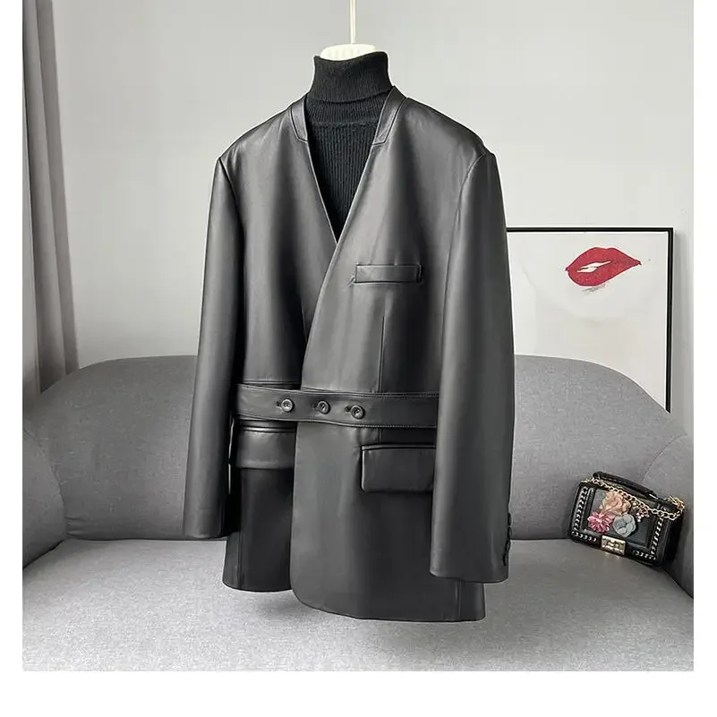 French Elegant Luxury Pu Leather V-neck Long Sleeve Slim Waist Loose Straight Female Jackets Office Ladies Blazer Coats Jackets