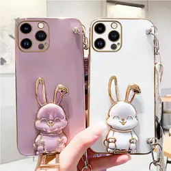 Rabbit Holder Lanyard Phone Case For iPhone 14 15 13 12 11 Pro Max 13Pro 12Pro X XR Xs Max 6 7 8 Plus 15Pro Stand Strap Cover