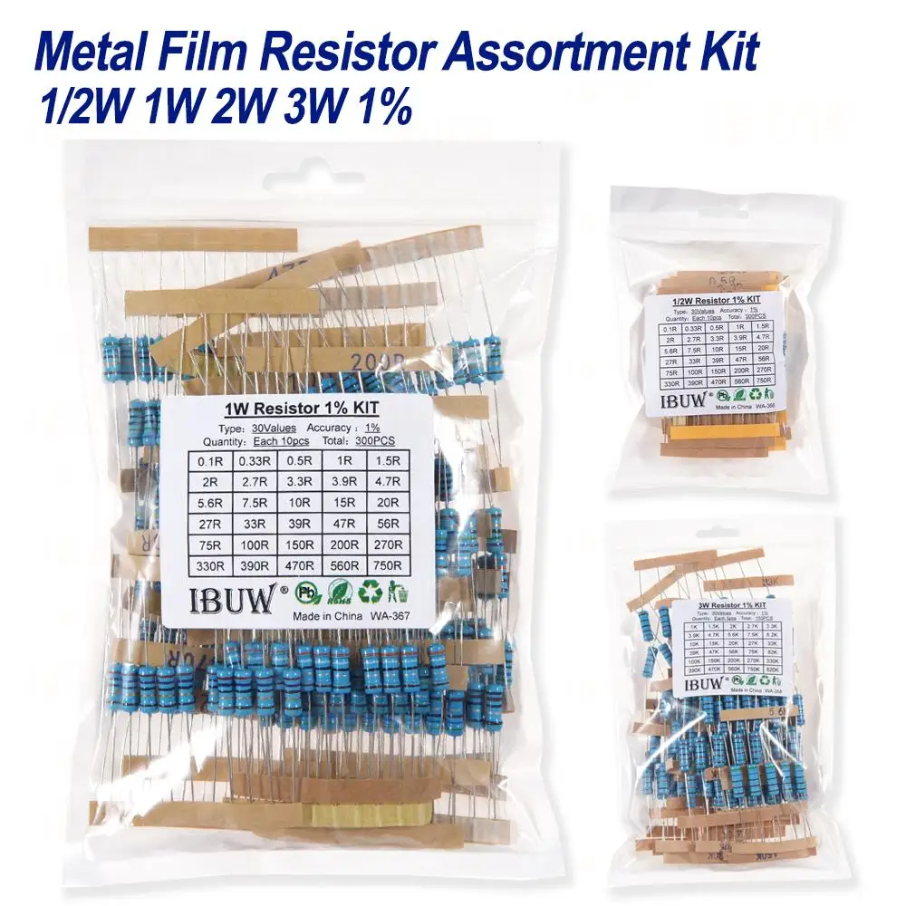 150PCS 300PCS 1/2W 1W 2W 3W Resistance 1% Metal Film Resistor Assortment Kit igmopnrq 30Kinds Each 5/10PCS 1R~750R 1K~820K Ohm