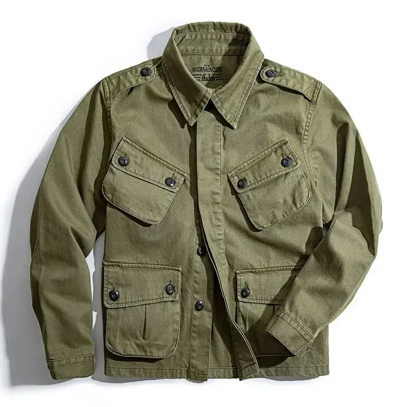 Chaqueta Bomber con múltiples bolsillos para hombre, chaqueta táctica militar de una sola botonadura, rompevientos, abrigo Retro de manga larga